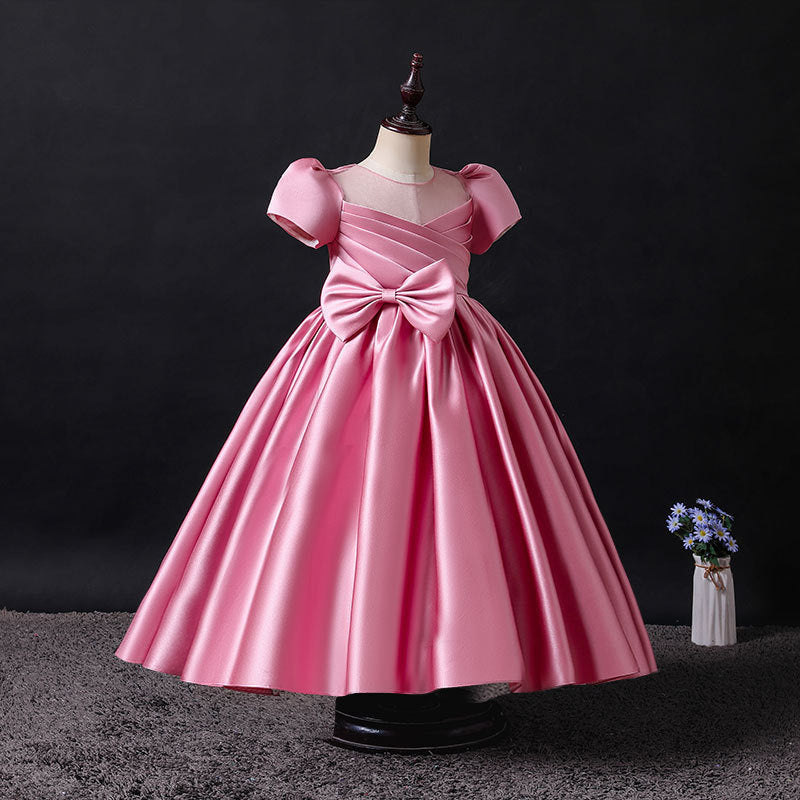 Wedding Flower Girl Dress Girl's Birthday Satin Short Sleeve Pleated Catwalk Costume for Piano Performance Puffy Princess Dress