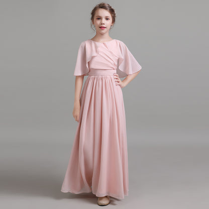 Girls' Formal Dress Elegant A Line Flowy Sleeves Girls Pleated Backless Floor Length Chiffon Birthday Dress Hot Sale Junior Bridesmaid Dress