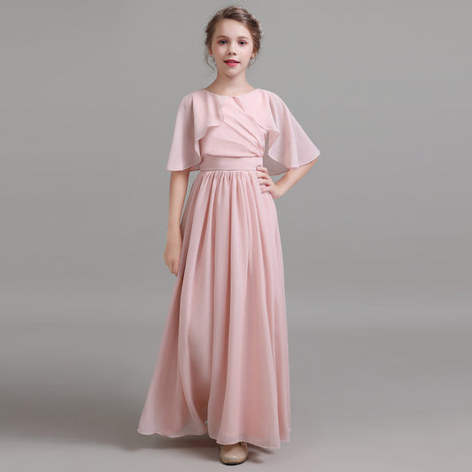 Girls' Formal Dress Elegant A Line Flowy Sleeves Girls Pleated Backless Floor Length Chiffon Birthday Dress Hot Sale Junior Bridesmaid Dress