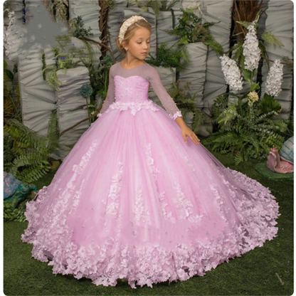 AERBA DRESS Wedding Flower Girl Dress Elegance Three Quartersleeve Applique Children Wedding Party Gowns New Kids Clothes Princess First Communion