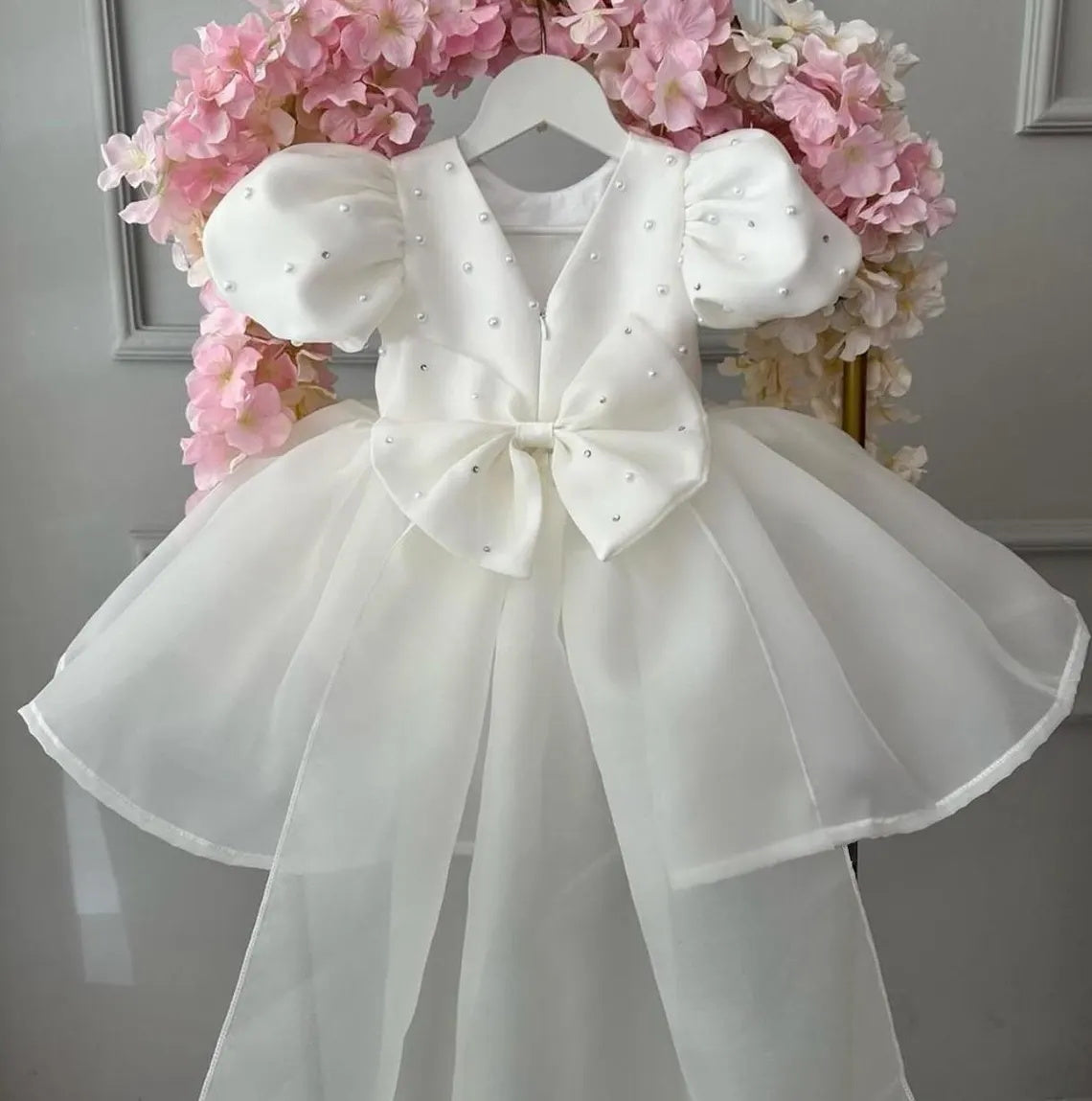 AERBA DRESS Wedding Flower Girl Dress Baby Girls Party Dress Puff Sleeves Ball Gowns Elegant Baptism First Birthday Dresses Beading Children Princess Dress