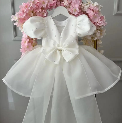 AERBA DRESS Wedding Flower Girl Dress Baby Girls Party Dress Puff Sleeves Ball Gowns Elegant Baptism First Birthday Dresses Beading Children Princess Dress