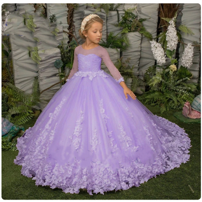AERBA DRESS Wedding Flower Girl Dress Elegance Three Quartersleeve Applique Children Wedding Party Gowns New Kids Clothes Princess First Communion