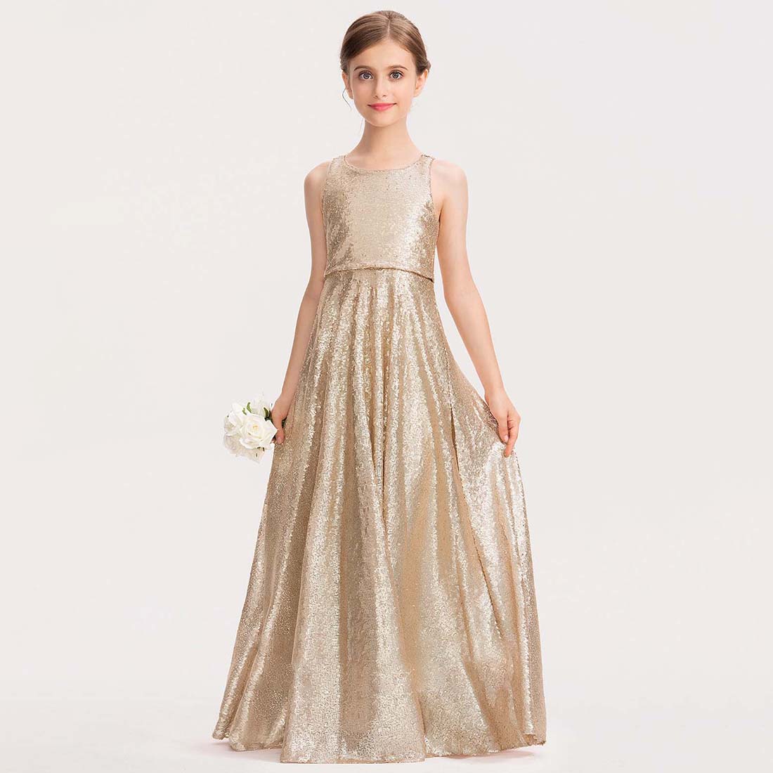 Fashion Girls' Formal Dress Sequined A-Line Scoop Sleeveless Floor-Length Sparkle Hot Sale Junior Bridesmaid Dress