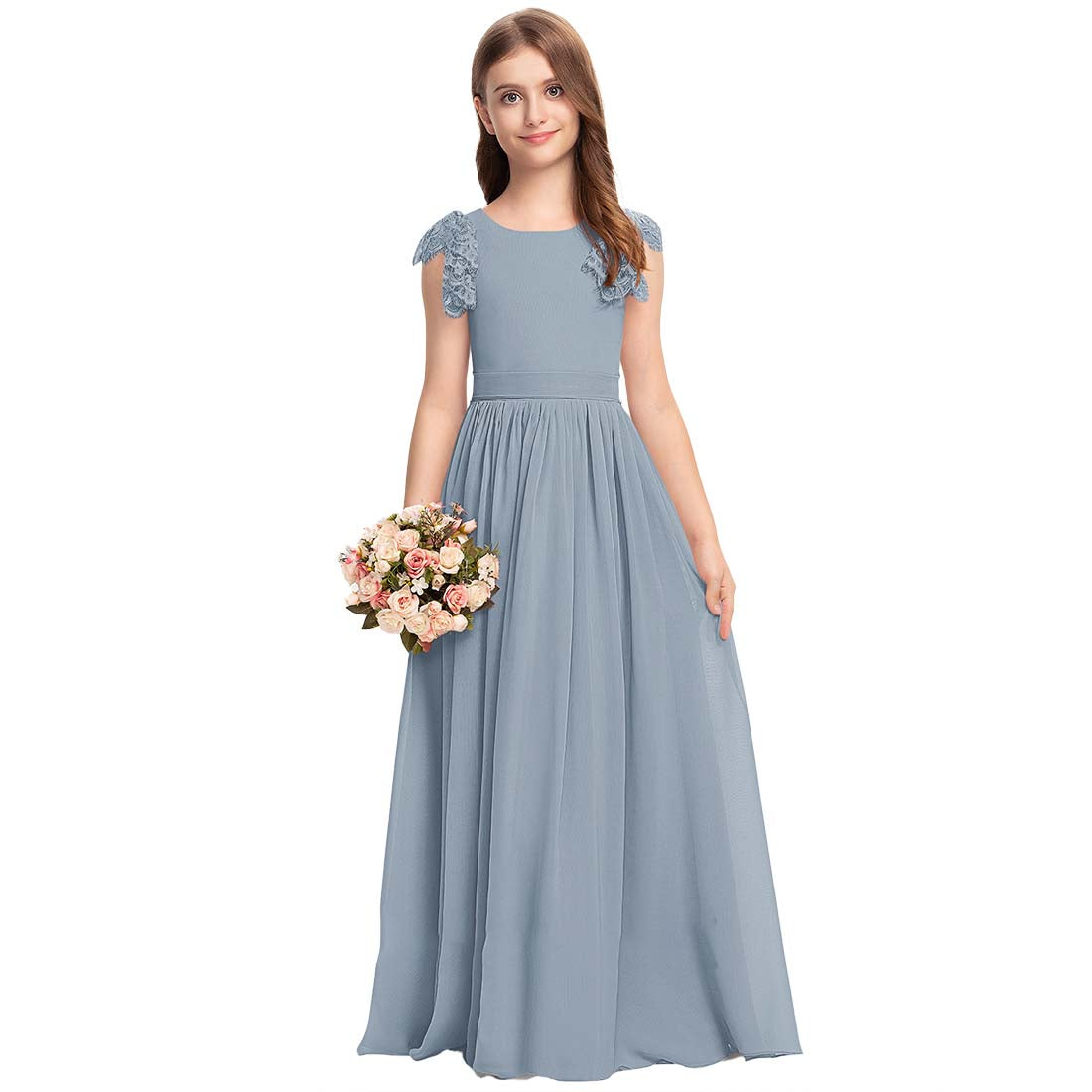 Girls' Formal Dress Fashion A Line Round Neck Wedding Girl Dresses Chiffon Lace With Bow Hot Sale Junior Bridesmaid Dress