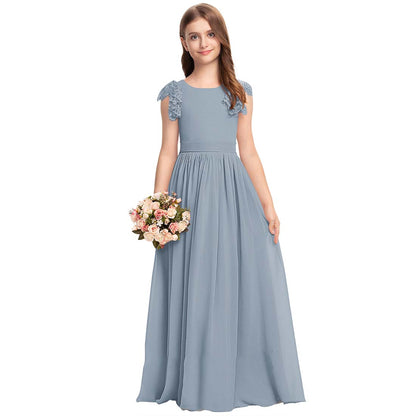 Girls' Formal Dress Fashion A Line Round Neck Wedding Girl Dresses Chiffon Lace With Bow Hot Sale Junior Bridesmaid Dress