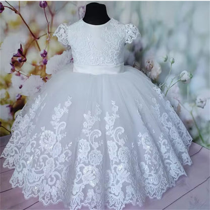 AERBA DRESS Wedding Flower Girl Dress One Year Old Birthday Lace Appqulies Tulle Skirt Ball Gown Sleeveless Communion Dress