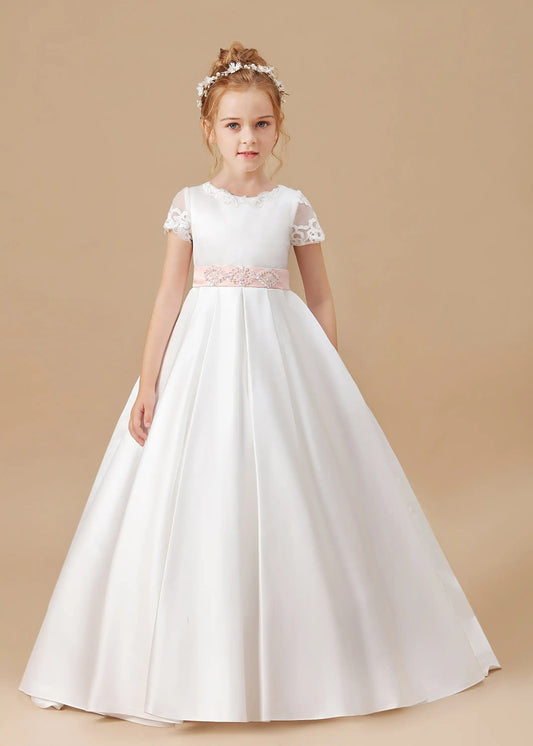 AERBA DRESS Wedding Flower Girl Dress Elegant A-line Satin First Communion Gowns Bow Belt Princess Kids Birthday Gown ﻿