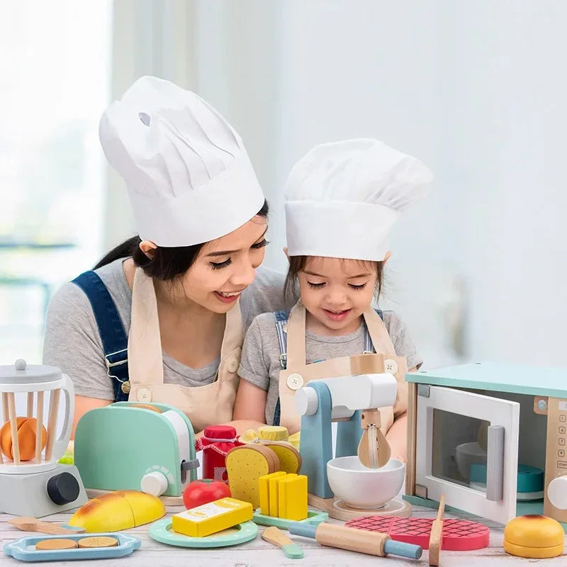 Aerba Children's Toys DIY Wooden Toy Pretend Play Simulation Kitchen Coffee Machine Cooking Food Model Set Educational For Kids Girls