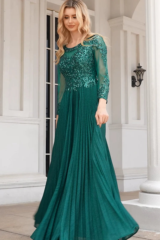 AerbaDress Scoop Neck Long Sleeves Floor Length Mother Of The Bride Dresses With Beaded Glittery A Line Green