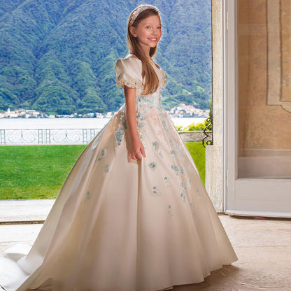 AERBA DRESS Wedding Flower Girl Dress Luxury Girl Dress 3D Flowers Satin Kids Wedding Birthday Communion Party Elegant Princess Dress