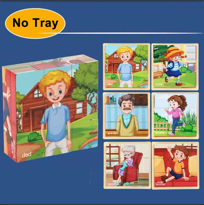 Aerba Children's Toys 3D cube Wooden puzzle children's nine pieces six-sided wooden block tray children's Montessori learning educational puzzle toys