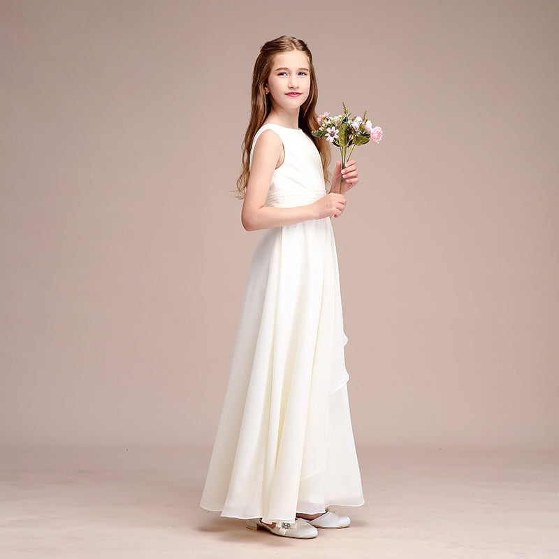 Dignified Girls' Formal Dress A Line Round Neck Sleeveless Pleated Floor-Length Dress Hot Sale Junior Bridesmaid Dress