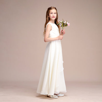Dignified Girls' Formal Dress A Line Round Neck Sleeveless Pleated Floor-Length Dress Hot Sale Junior Bridesmaid Dress