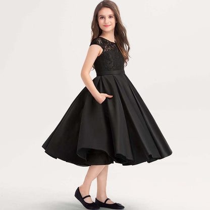 Girls' Formal Dress Dignified A-line Scoop Lace Satin Wedding Girl Guest Dress Hot Sale Junior Bridesmaid Dress