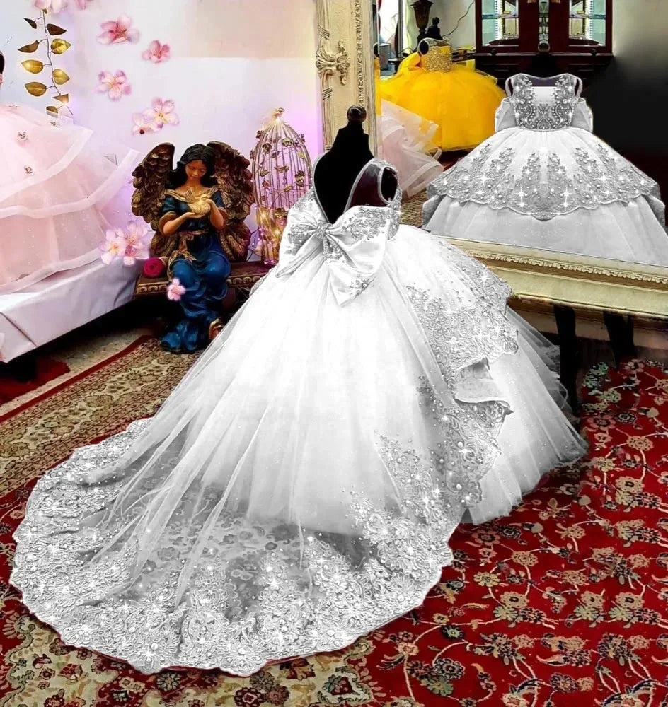 AERBA DRESS Wedding Flower Girl Dress Little Girls Birthday Party Gown Toddlers Beaded Lace Princess Pageant Dress