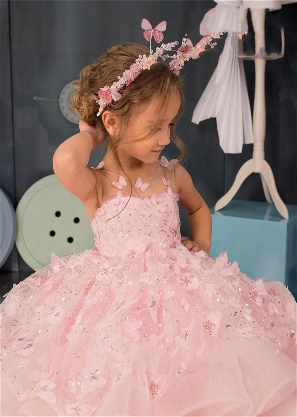 Wedding Flower Girl Dress Puffy Sleeveless Applique Tiers Pretty First Communion Child Butterfly Princess Dress