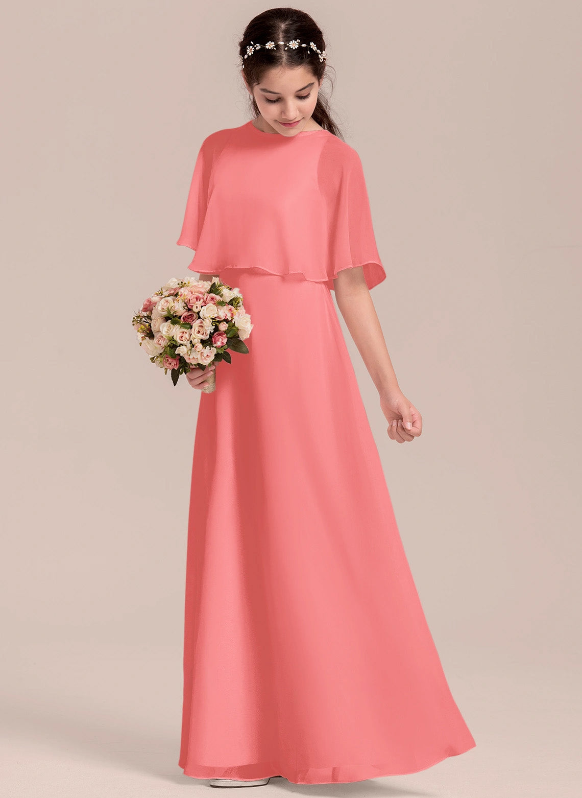 Elegant A-line Scoop Floor-Length Formal Girl's Dress Flowy Simple Junior Bridesmaid Dress