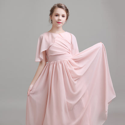 Girls' Formal Dress Elegant A Line Flowy Sleeves Girls Pleated Backless Floor Length Chiffon Birthday Dress Hot Sale Junior Bridesmaid Dress