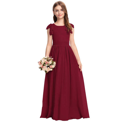 Girls' Formal Dress Fashion A Line Round Neck Wedding Girl Dresses Chiffon Lace With Bow Hot Sale Junior Bridesmaid Dress