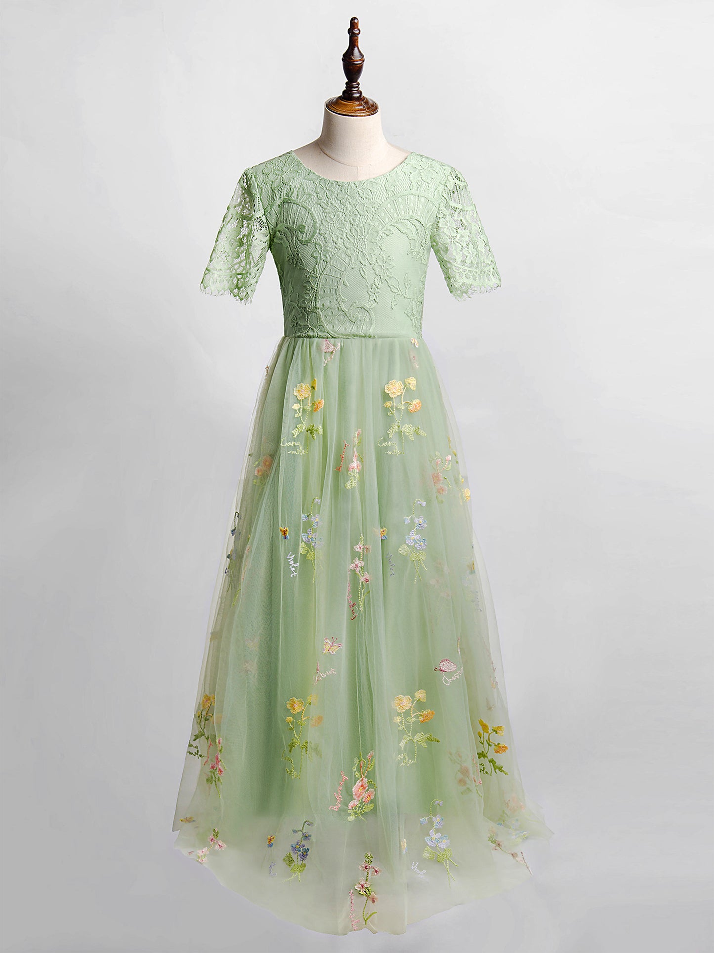 AERBA DRESS Wedding Flower Girl Dress Embroidered Floral Party Gown Lace Flower Short Sleeves Princess Dress