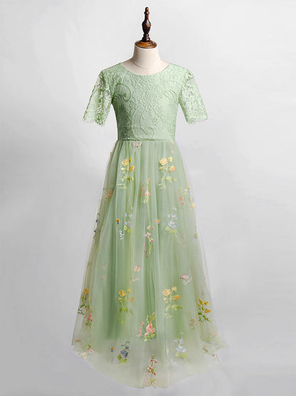 AERBA DRESS Wedding Flower Girl Dress Embroidered Floral Party Gown Lace Flower Short Sleeves Princess Dress