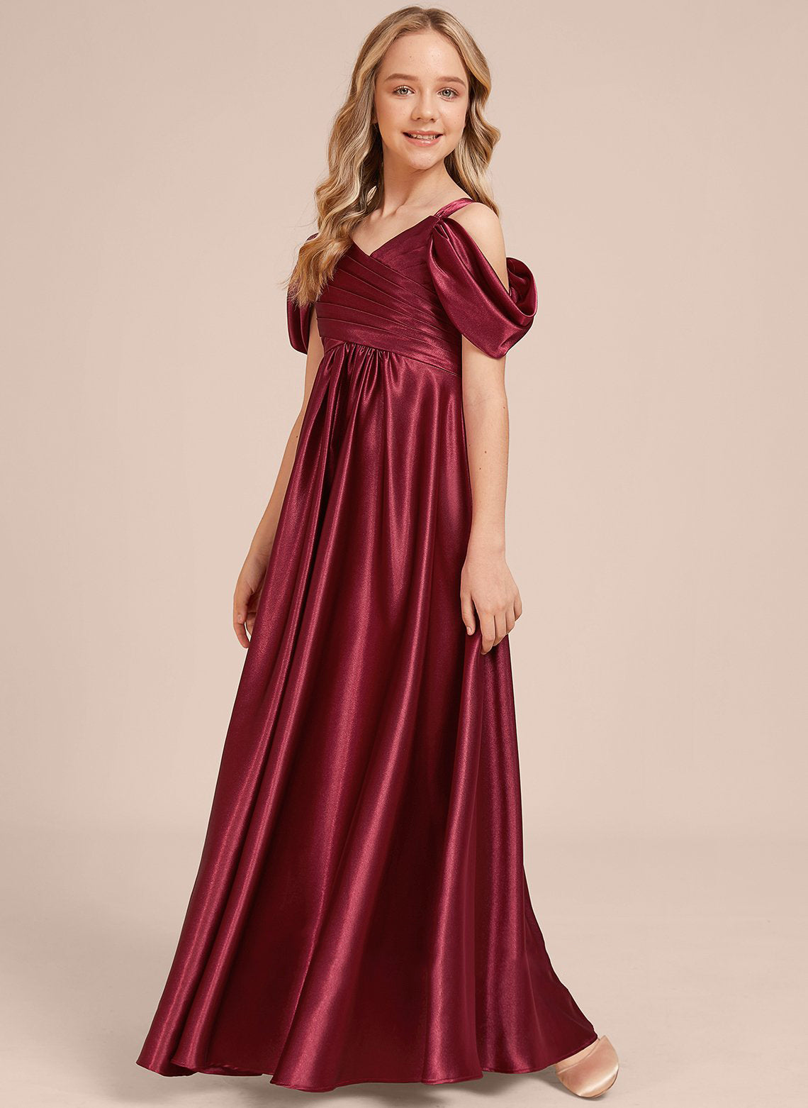 Dignified A-line V Neck Cold Shoulder Pleated Floor-Length Exquisite Junior Bridesmaid Dress