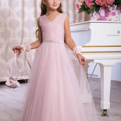 Girls' Formal Dress Fantastic A Line V Neck Sleeveless Pleated Beadwork Cute Long Hot Sale Junior Bridesmaid Dress