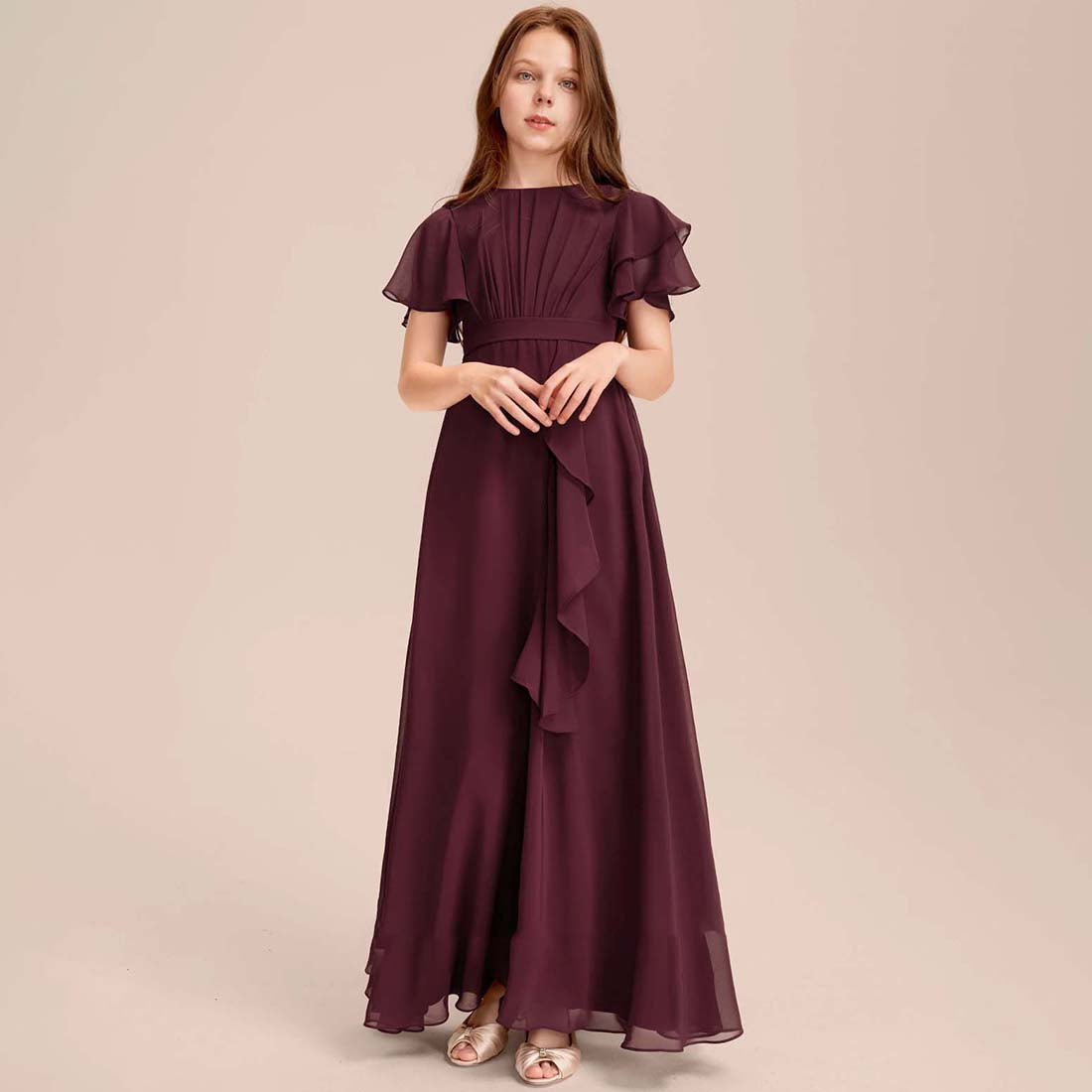 Girls' Formal Dress Charming A-Line Scoop Flowy Sleeve Chiffon With Cascading Ruffles Floor-Length Hot Sale Junior Bridesmaid Dress