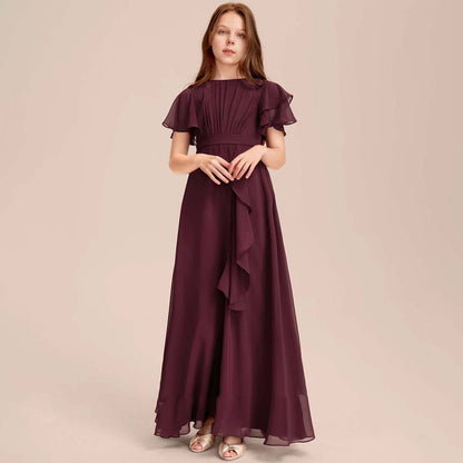 Girls' Formal Dress Charming A-Line Scoop Flowy Sleeve Chiffon With Cascading Ruffles Floor-Length Hot Sale Junior Bridesmaid Dress