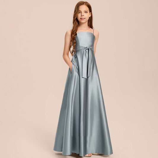 Girls' Formal Dress Elegant A Line Spaghetti Strap Bow wedding Girl Guest Dress Temperament Hot Sale Junior Bridesmaid Dress
