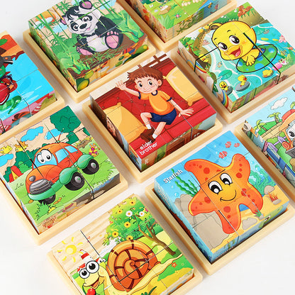 Aerba Children's Toys 3D cube Wooden puzzle children's nine pieces six-sided wooden block tray children's Montessori learning educational puzzle toys