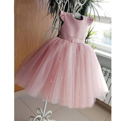 AERBA DRESS Wedding Flower Girl Dress Elegant Short Toddler Birthday Tulle Sleeveless Bow Pearls Princess Wedding Party Gown for Kids Baby