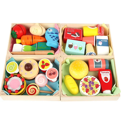 Aerba Children's Toys Wooden Simulation Kitchen Toy Montessori Pretend Play House Series Cut Fruit Desserts Children Cut Vegetables Educational Toys