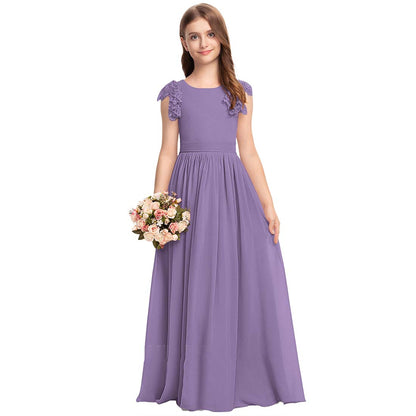 Girls' Formal Dress Fashion A Line Round Neck Wedding Girl Dresses Chiffon Lace With Bow Hot Sale Junior Bridesmaid Dress