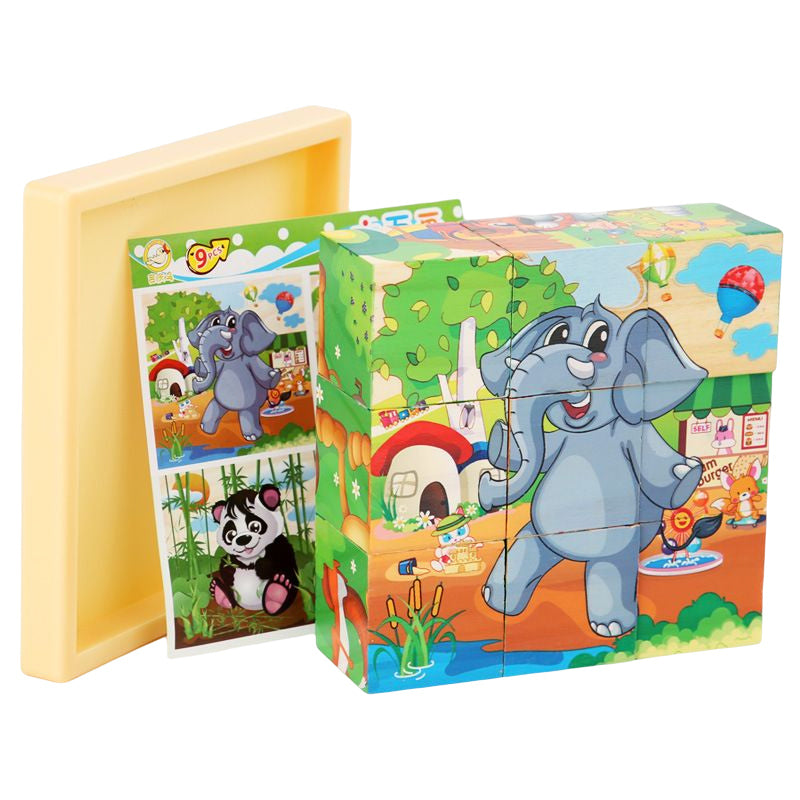 Aerba Children's Toys 3D cube Wooden puzzle children's nine pieces six-sided wooden block tray children's Montessori learning educational puzzle toys