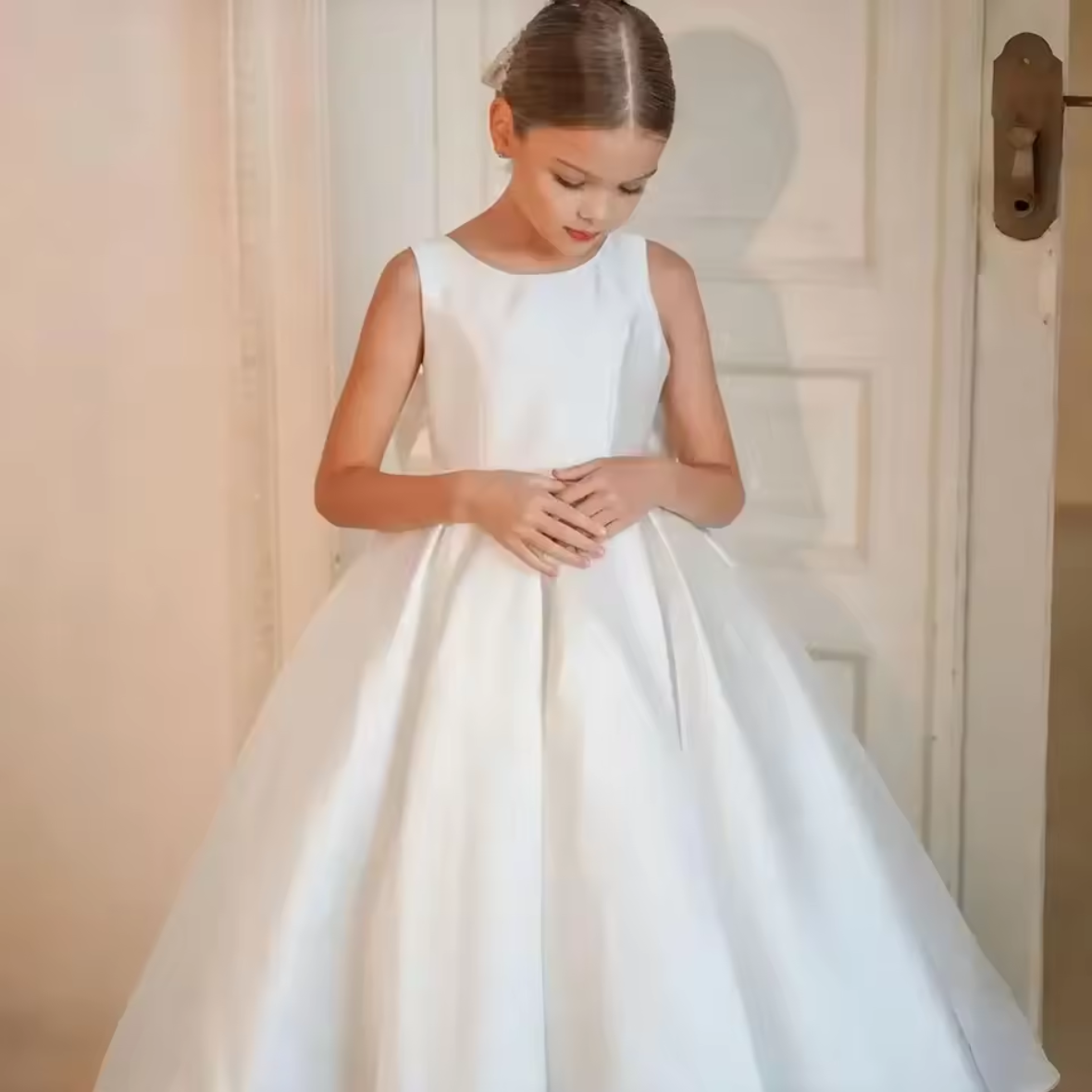 AERBA DRESS Wedding Flower Girl Dress Elegant Satin Appliqued Baby First Communion Dresses