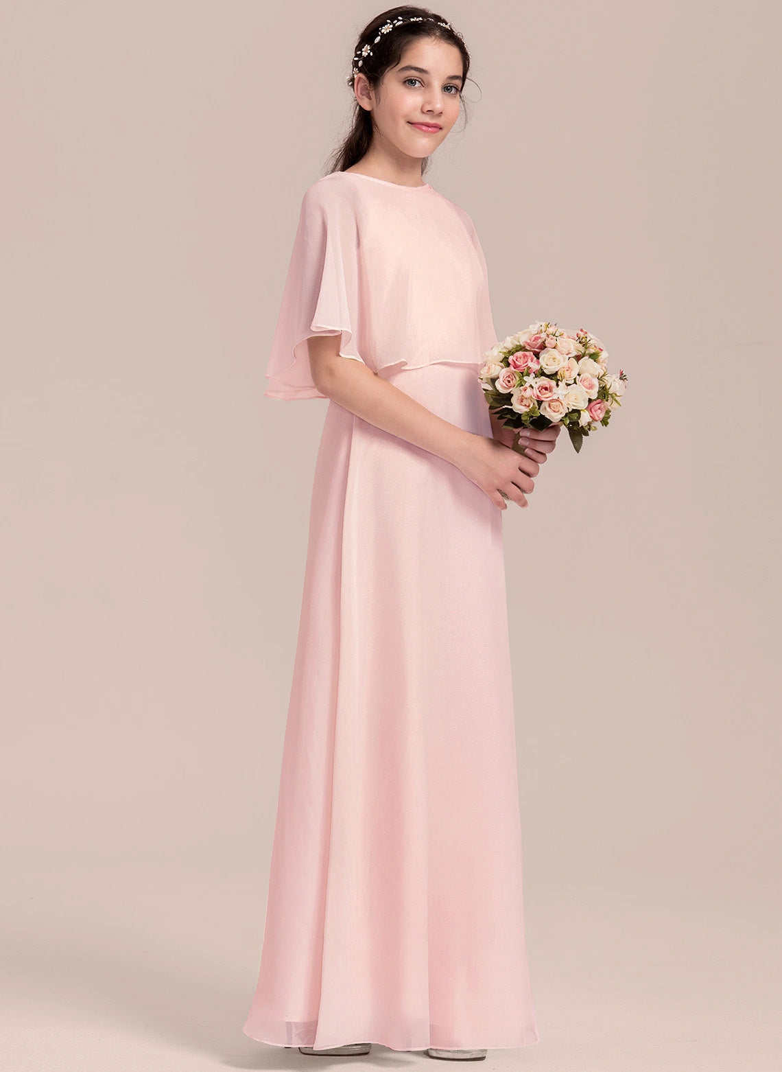 Elegant A-line Scoop Floor-Length Formal Girl's Dress Flowy Simple Junior Bridesmaid Dress