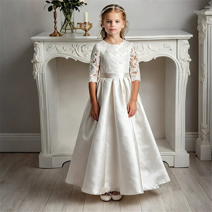 AERBA DRESS Wedding Flower Girl Dress First Communion Gowns Elegant Satin Lace Printing Little Girls Birthday Party Baptism Evening Gowns Princess Dress