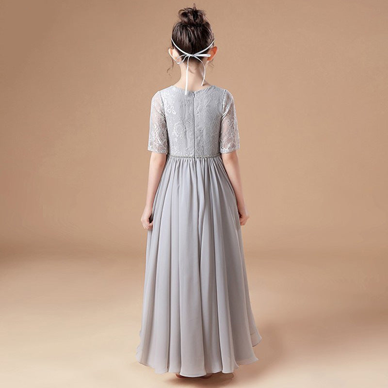 Girls' Formal Dress A-line Short Sleeve Chiffon Lace Floor Length Bridesmaid Dress Wedding Party Hot Sale Junior Bridesmaid Dress