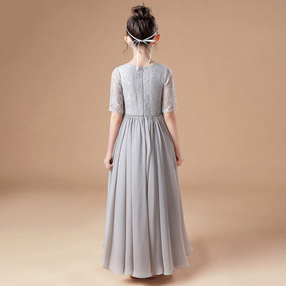 Girls' Formal Dress A-line Short Sleeve Chiffon Lace Floor Length Bridesmaid Dress Wedding Party Hot Sale Junior Bridesmaid Dress