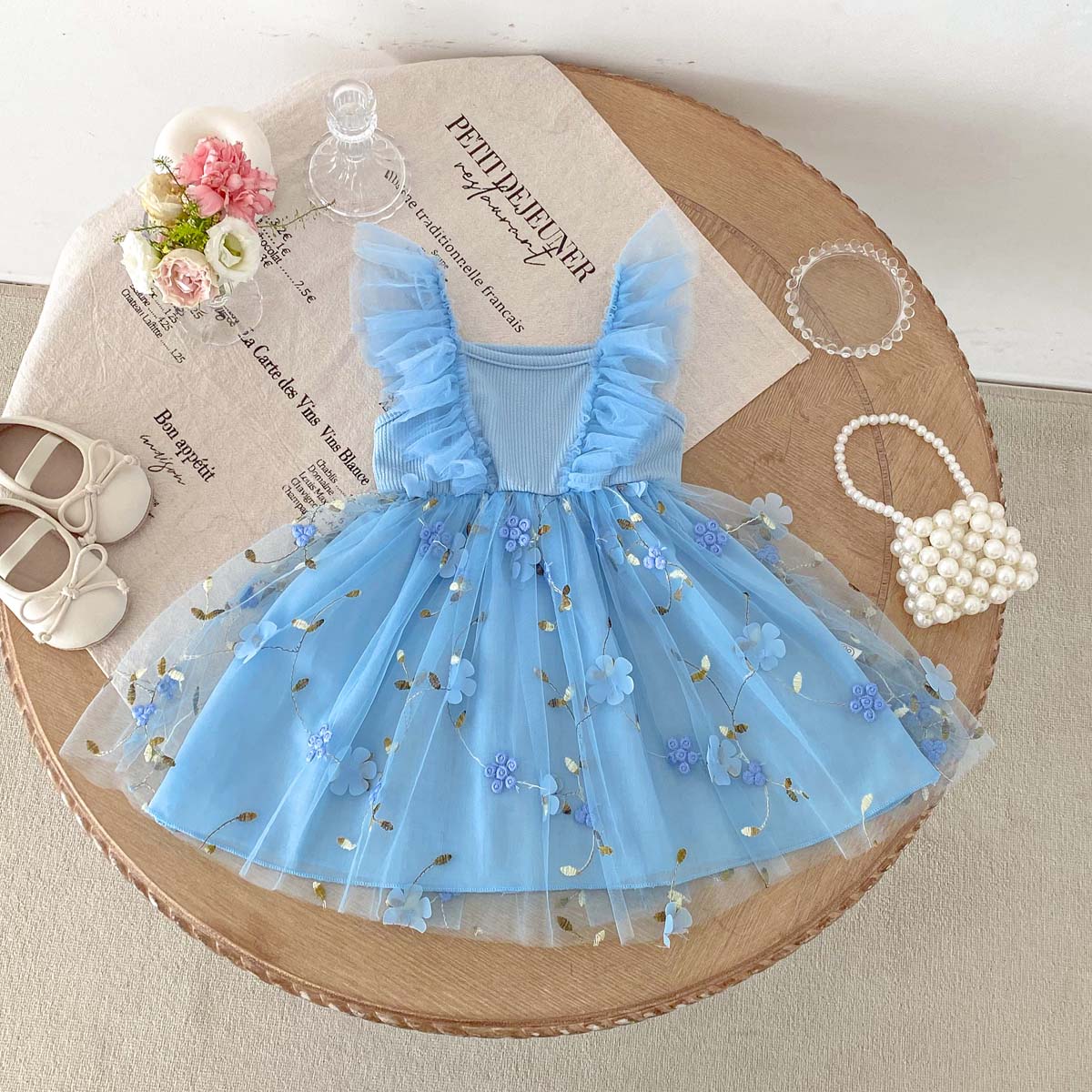 AERBA DRESS Wedding Flower Girl Dress Summer Girls Mesh Floral Sleeveless Girls Fashion Dress