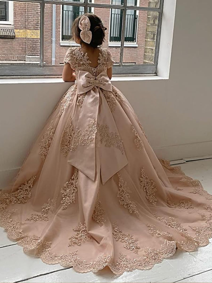 AERBA DRESS Wedding Flower Girl Dress Elegant Princess Beaded Appliques Pageant Dress Kids Long Train Party Evening Gowns