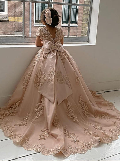 AERBA DRESS Wedding Flower Girl Dress Elegant Princess Beaded Appliques Pageant Dress Kids Long Train Party Evening Gowns