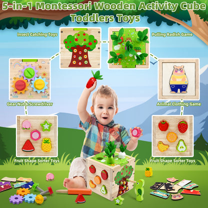 AERBA HOT SALE Baby Wooden Activity Cube Center Toys for Boys Girls Birthday Gifts 5 in 1 Montessori Educational Learning Sensory Toys