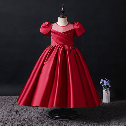 Wedding Flower Girl Dress Girl's Birthday Satin Short Sleeve Pleated Catwalk Costume for Piano Performance Puffy Princess Dress