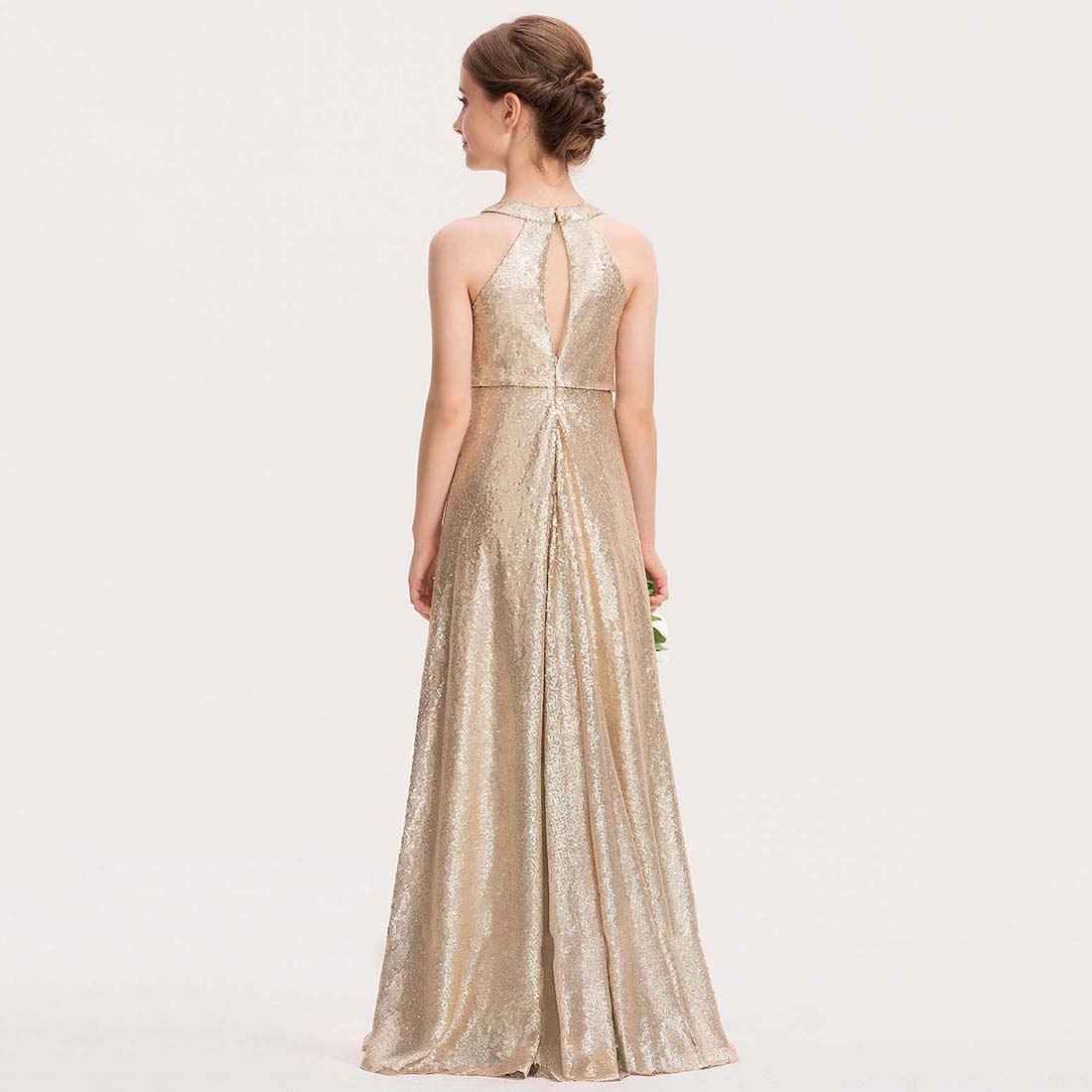 Fashion Girls' Formal Dress Sequined A-Line Scoop Sleeveless Floor-Length Sparkle Hot Sale Junior Bridesmaid Dress