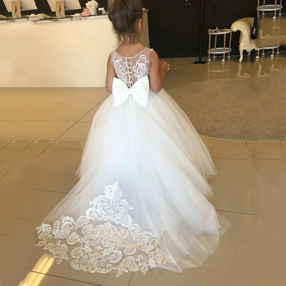 AERBA DRESS Wedding Flower Girl Dresses Lace Big Bow Flower Girl Dresses Ball Gown Kids Wedding Party Pageant First Communion Gown
