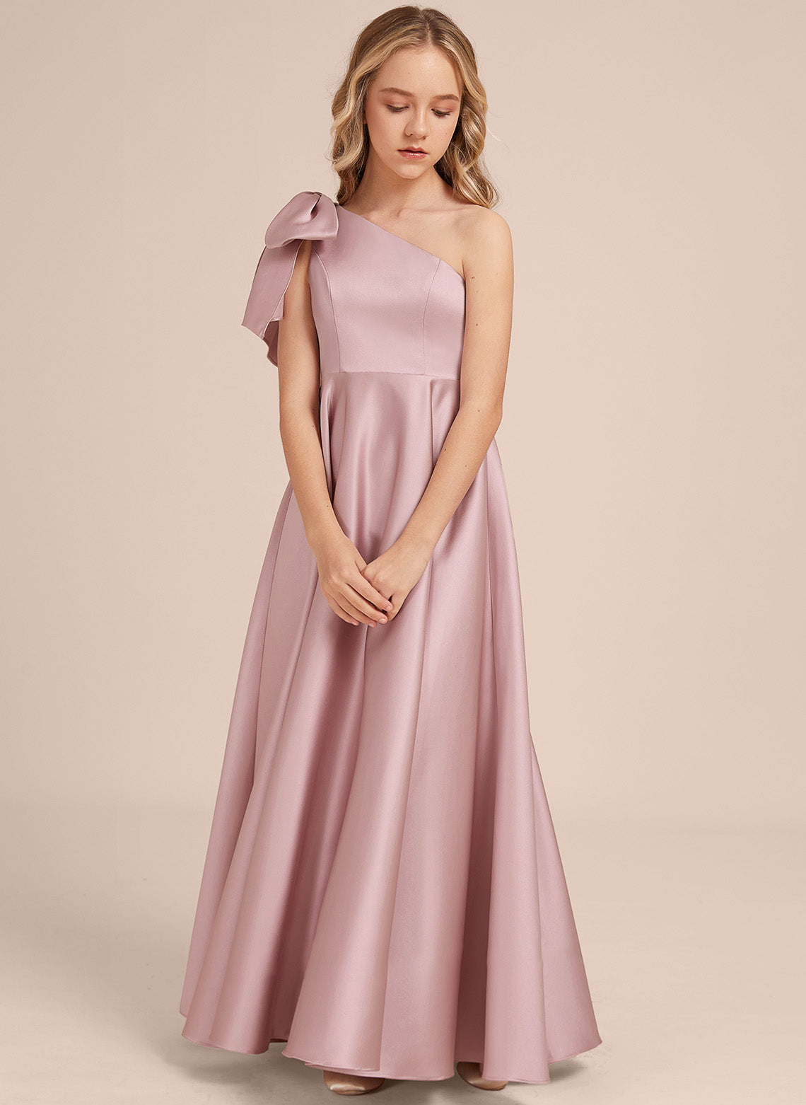 Girls' Formal Dress Exquisite A Line One-shoulder Bow Long Dress Wedding Guest Dress Hot Sale Junior Bridesmaid Dress