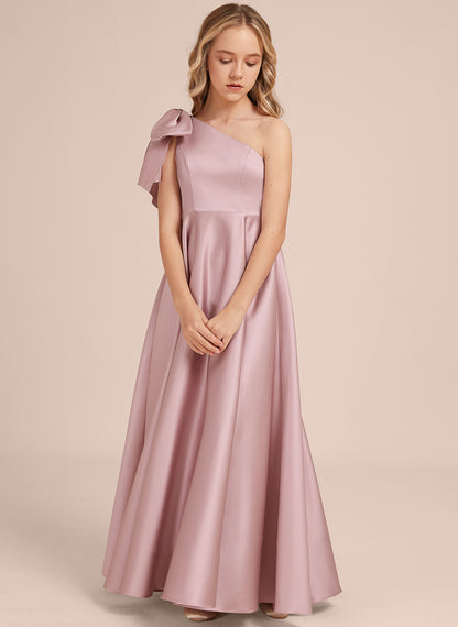 Girls' Formal Dress Exquisite A Line One-shoulder Bow Long Dress Wedding Guest Dress Hot Sale Junior Bridesmaid Dress